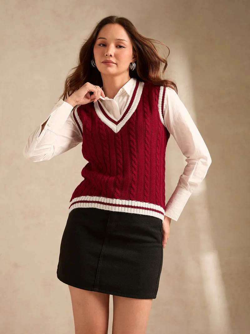 Outzidr Red Red Varsity Contrast Tipping Sweater for Women | Best Price UAE